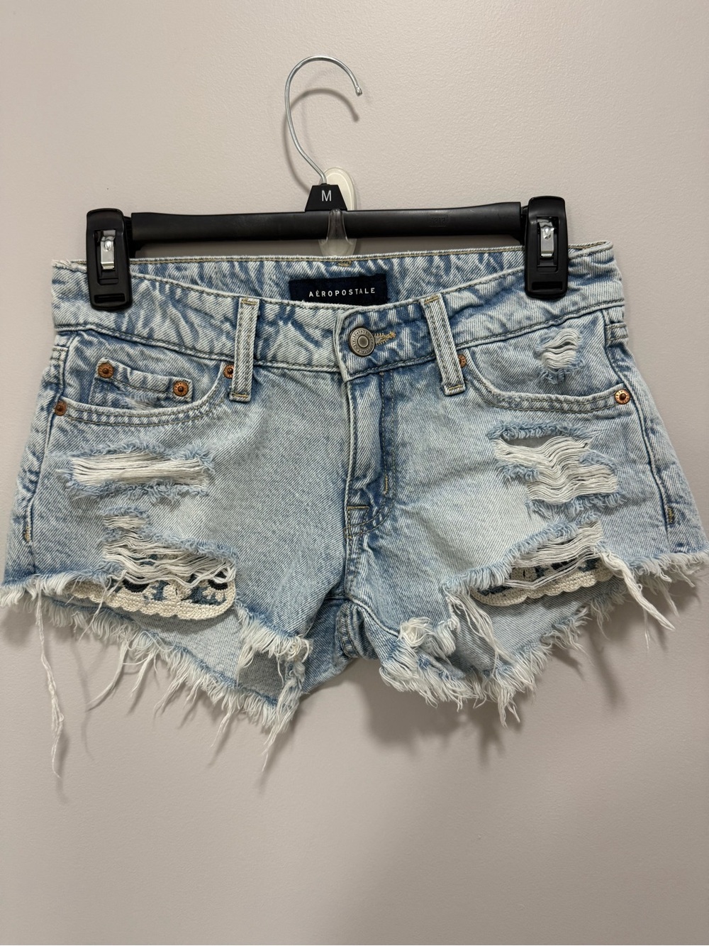 Aeropostale Light Wash Distressed Denim Lace-Trim Shorts